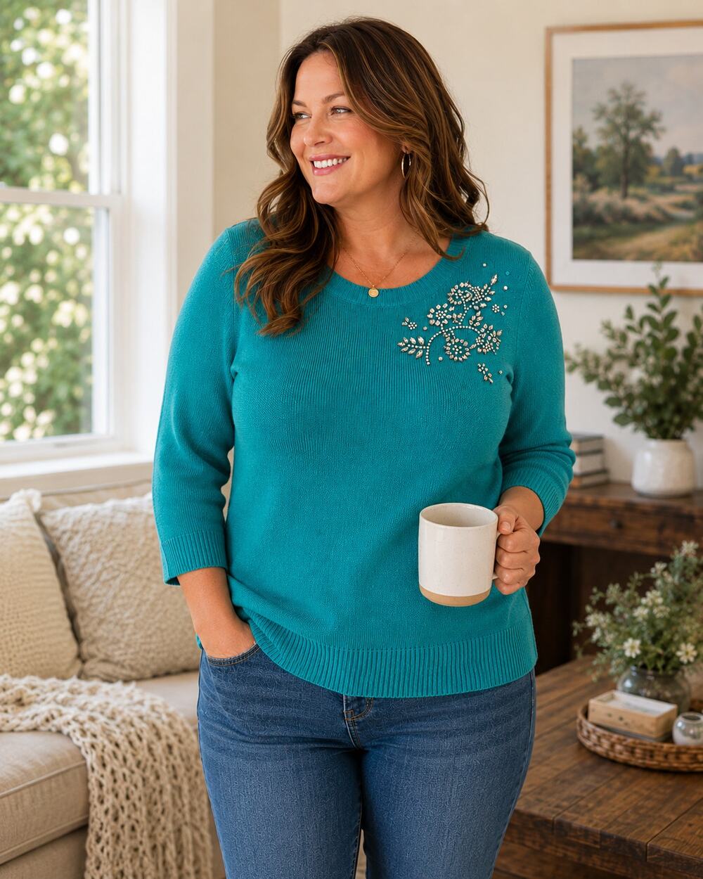 NEW Talbots Woman Cotton Cashmere Teal Beaded Corsage Floral Crystal Sweater